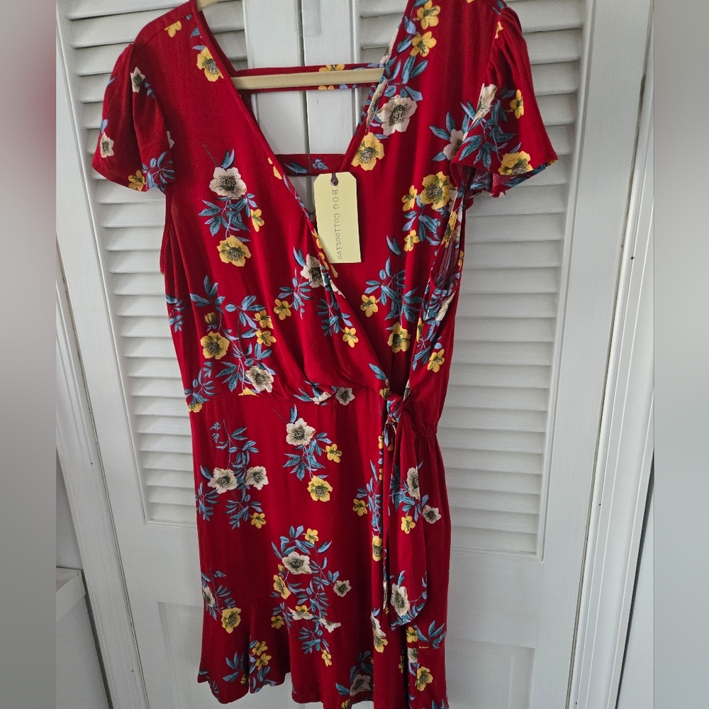 B.O.G. Collective Red Floral Faux Wrap Mini Dress Boho RUNS SMALL - Picture 4 of 12